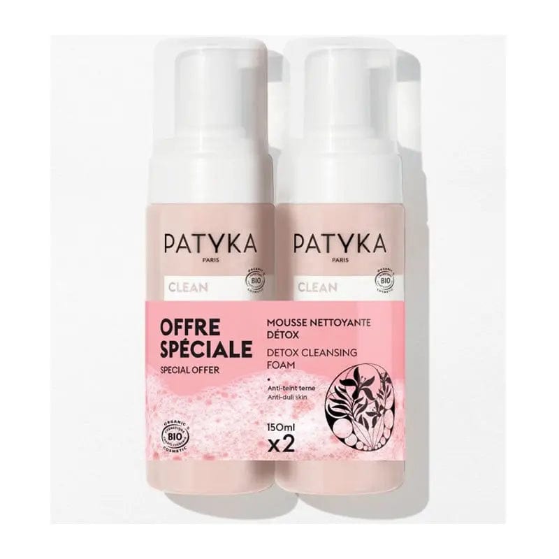 Patyka Duo Detox Cleansing Mousse bottles, 150ml each, featuring a sleek design for deep skin cleansing and detox.