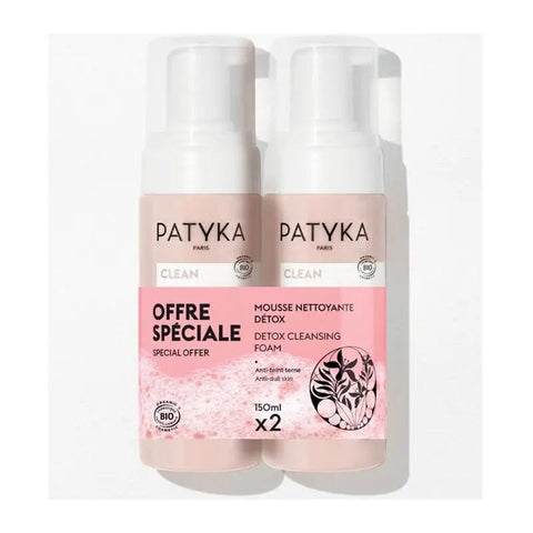 Patyka Duo Detox Cleansing Mousse bottles, 150ml each, featuring a sleek design for deep skin cleansing and detox.