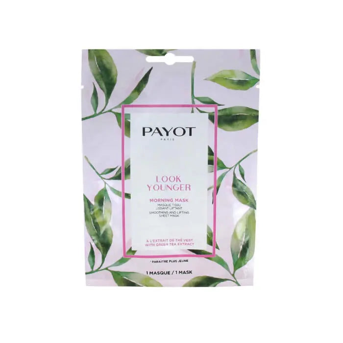 Jag Couture London New York Payot Look Younger soothing and lifting sheet mask on skin, demonstrating skincare benefits and product texture.