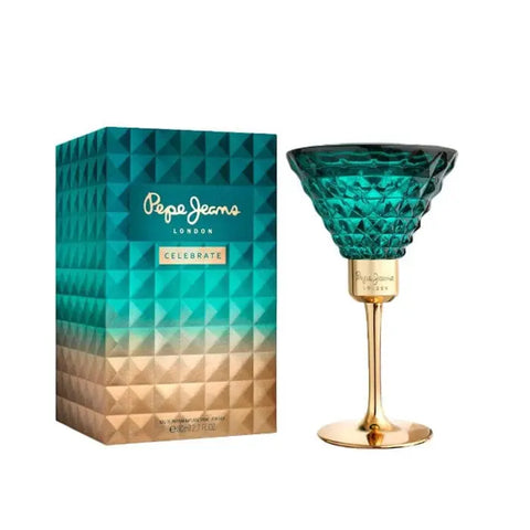 Pepe Jeans Celebrate For Her Eau De Parfum natural spray 80ml by Jag Couture London New York, featuring a sleek perfume bottle.