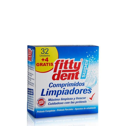 Phb Fittydent Super Compressed Cleaners for dentures, 32 units, by Jag Couture London New York, showing cleaning tablets in packaging.