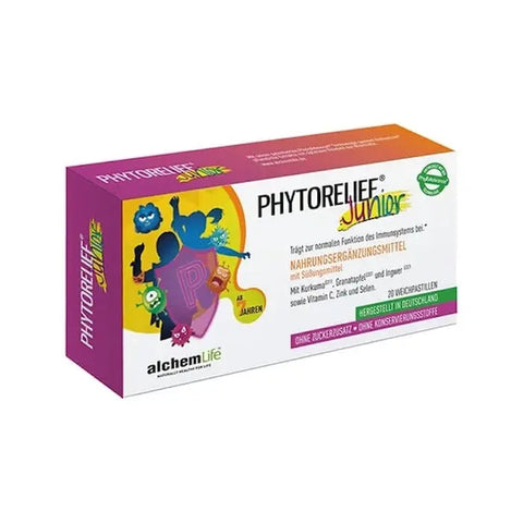 Phytorelief Junior 20 Tablets by Jag Couture London New York, showing the bottle with label and tablets inside.