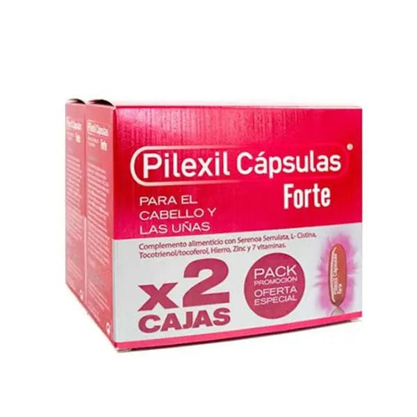 Jag Couture London Pilexil Forte Capsules for Hair and Nails, 2x100 units, showing the supplement bottles on a white background.