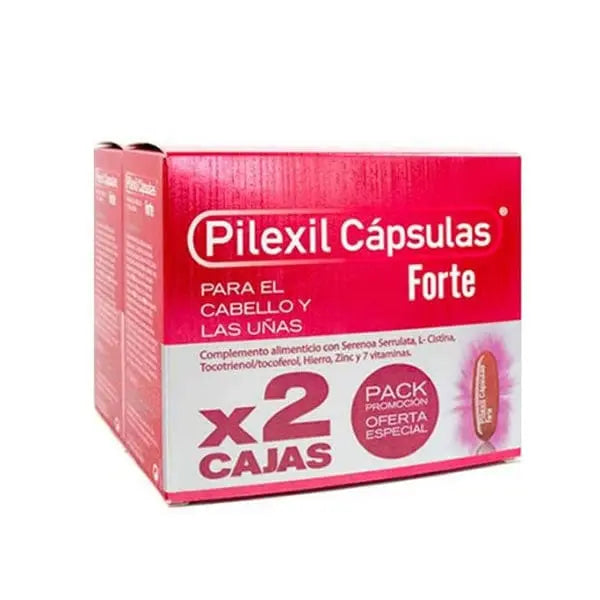 Pilexil Forte hair and nails capsules by Jag Couture London and New York, showing two boxes of 100 units each.