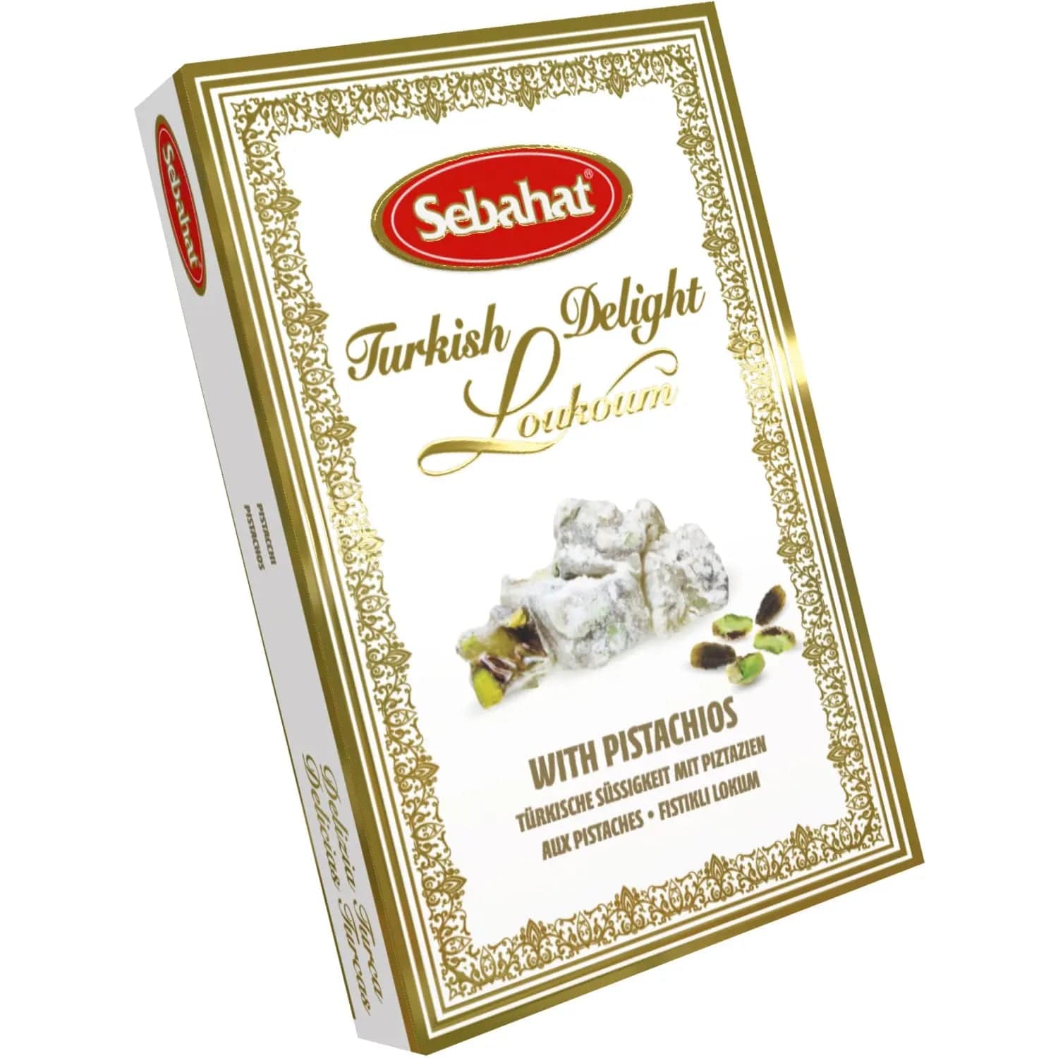 Pistachio Turkish delight from Jag Couture London in an elegant gift box, showcasing colorful, soft, sweet Turkish confections.