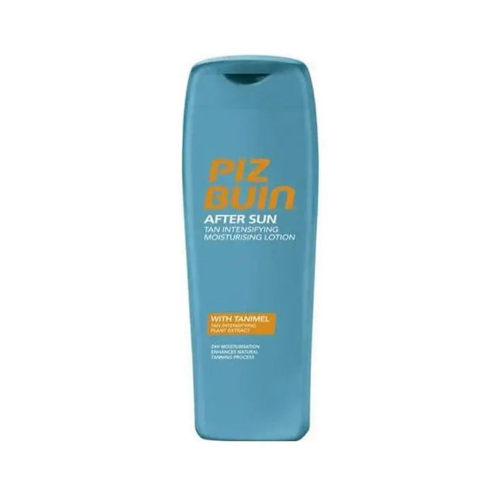 Piz Buin after sun lotion 200ml bottle, moisturizing and bronzing enhancer, with a sleek packaging design by Jag Couture London New York