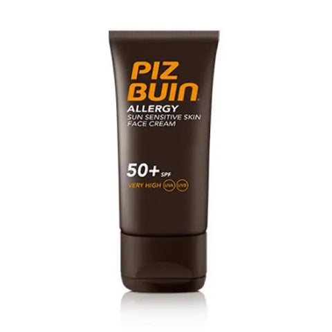 Piz Buin Allergy Sun Sensitive Skin Face Cream SPF50 in a 50ml tube, suitable for sensitive skin, by Jag Couture London New York.