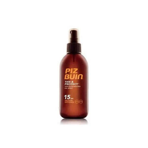 Jag Couture London New York Piz Buin Tan and Protect SPF 15 tan accelerating oil spray bottle, 150ml, with spray nozzle.