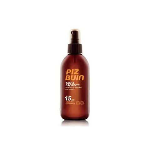 Jag Couture London New York Piz Buin Tan and Protect SPF 15 tan accelerating oil spray bottle, 150ml, with spray nozzle.