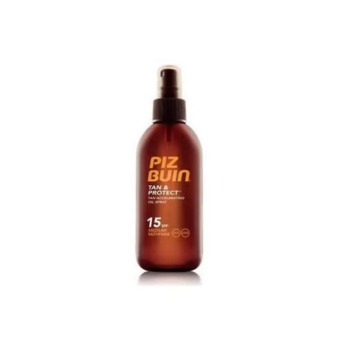 Piz Buin Tan and Protect SPF 15 tanning oil spray in 150ml bottle, with golden liquid and spray nozzle, by Jag Couture London New York