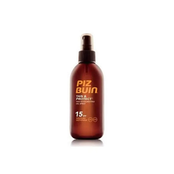 Piz Buin Tan and Protect SPF 15 tanning oil spray in 150ml bottle, designed to accelerate tan and protect skin from sun.