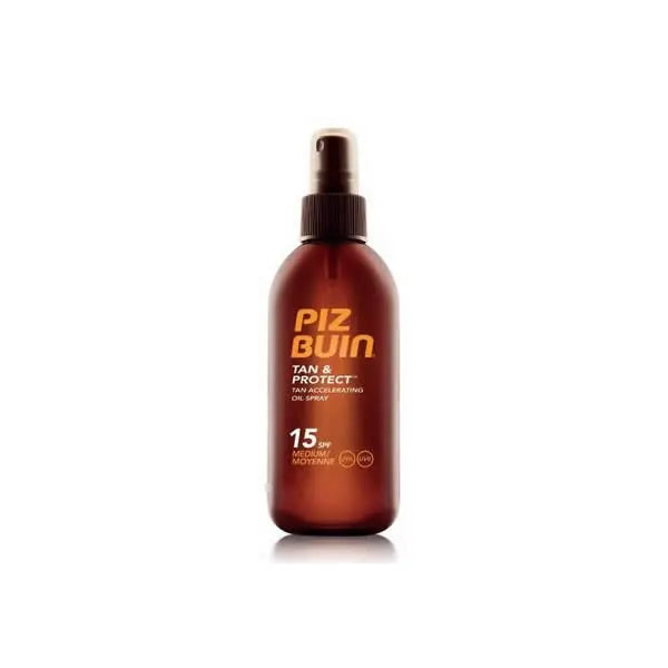 Piz Buin Tan and Protect SPF 15 tan accelerating oil spray in 150ml, featuring a sleek bottle with golden accents, by Jag Couture.