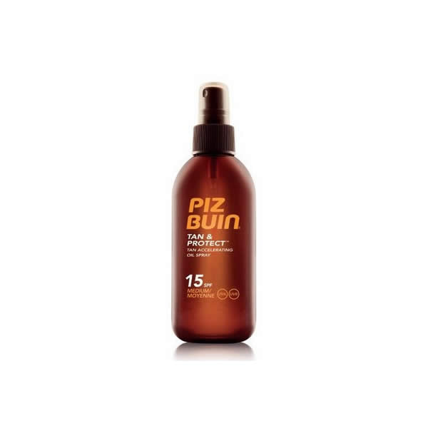 Jag Couture London New York Piz Buin Tan and Protect SPF 15 tanning oil spray, 150ml, golden liquid in a spray bottle.