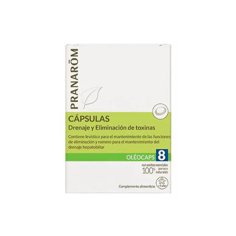 Pranarom Oleocaps 8 Drainage Detox capsules in a bottle, natural herbal supplement for cleansing and detoxification.