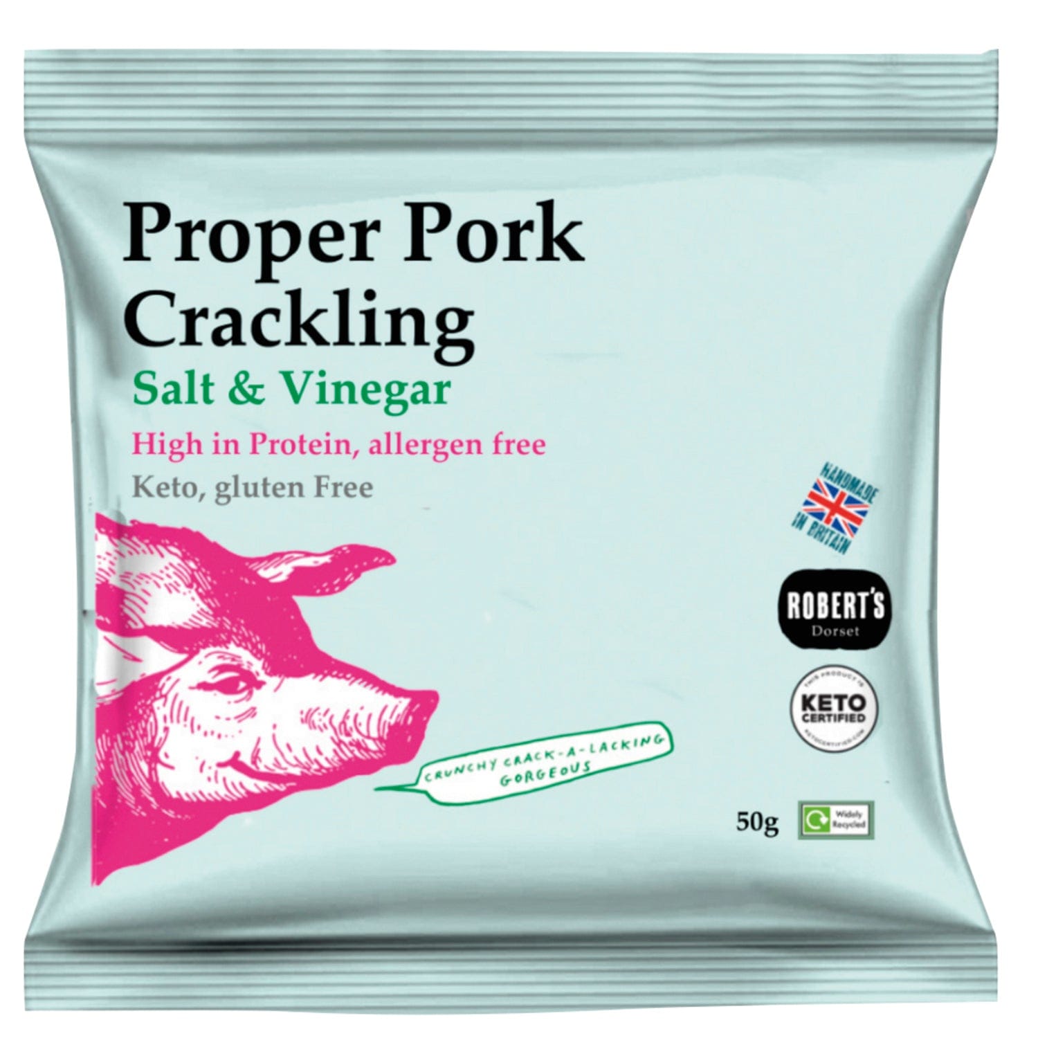 Jag Couture London New York Proper Pork Crackling flavored with salt and vinegar in a crisp, golden snack appearance.