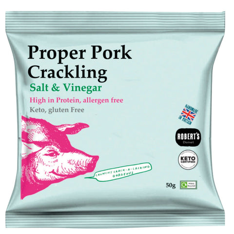 Jag Couture London-New York Proper Pork Crackling flavored with salt and vinegar, showcasing crispy, seasoned pork crackling slices.