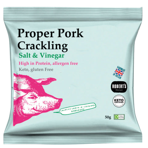 Jag Couture London New York Proper Pork Crackling flavored with salt and vinegar, shown in a close-up image.
