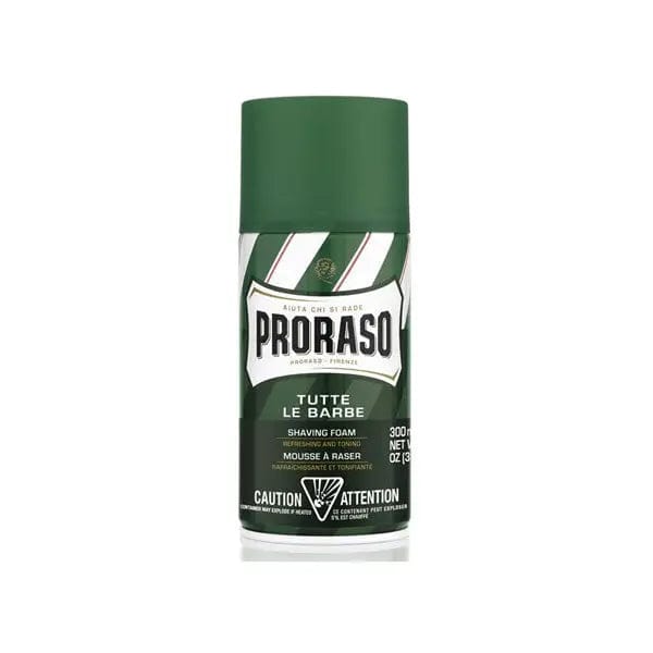 Proraso Green Tutte Le Barbe shaving foam in a 300ml container, designed for a smooth shave, by Jag Couture London New York.