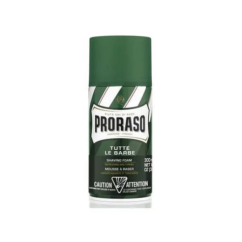 Proraso Green Tutte Le Barbe shaving foam in a 300ml container, designed for a smooth shave, by Jag Couture London New York.
