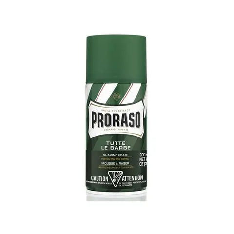 Proraso Green Tutte Le Barbe shaving foam in 300ml container, with green packaging and product label, by Jag Couture London New York.