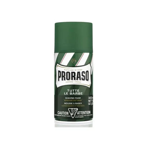 Proraso Green Tutte Le Barbe shaving foam in 300ml container, featuring a green and white label, used for grooming facial hair.