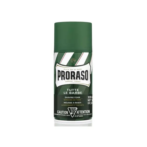 Proraso Green Tutte Le Barbe shaving foam in a 300ml can, featuring green packaging with brand labels from Jag Couture London New York.