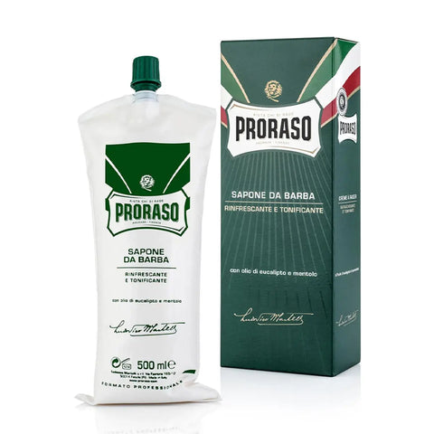 Proraso Professional eucalyptus and menthol shaving cream in 500ml jar, natural lather for a refreshing shave