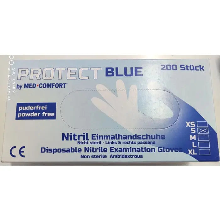 Protect Blue Nitrile Gloves by Jag Couture London, 200 medium-sized disposable gloves for hygiene and safety.