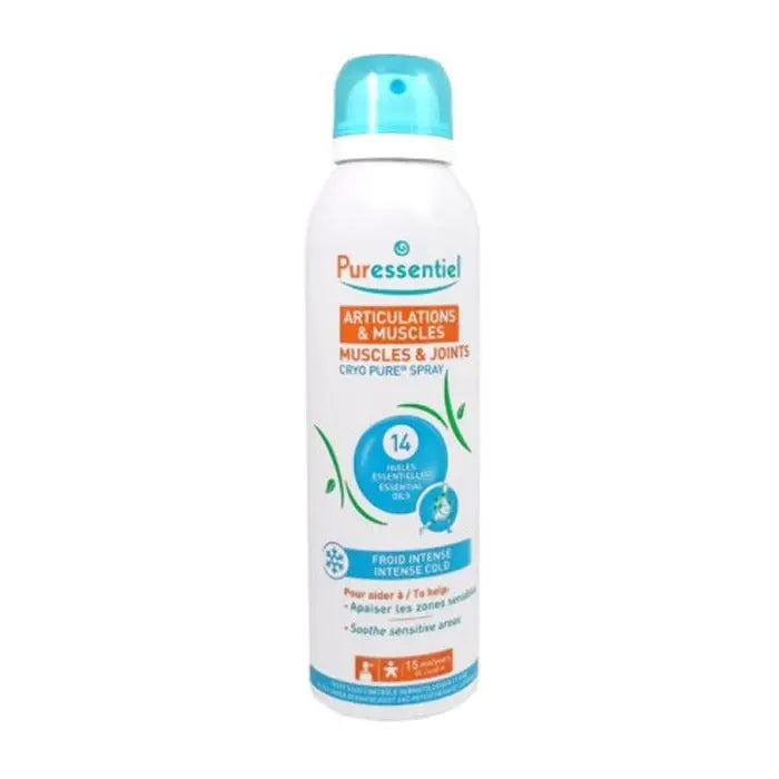 Puressentiel Cryo Pure joints and muscles spray in 150ml bottle, featuring a white and blue packaging with a spray nozzle.