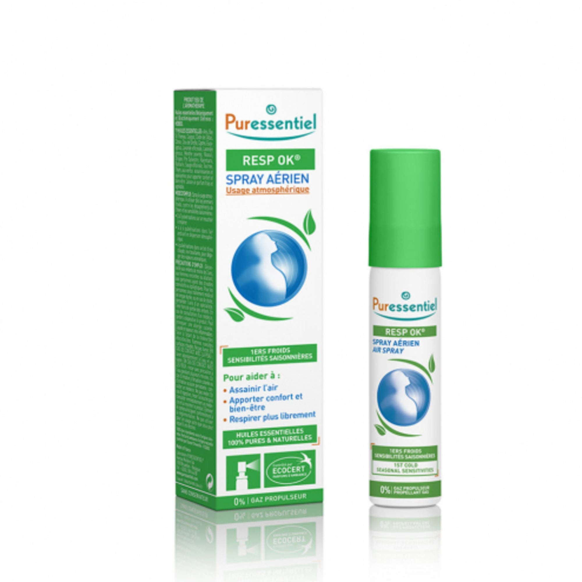Puressentiel Resp Ok Spray Aerien 20ml, natural respiratory relief spray with plant-based ingredients, shown in a small transparent bottle.