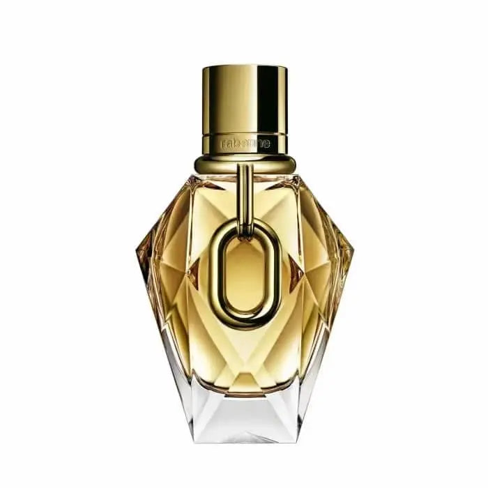 Rabanne Million Gold For Her Eau De Parfum spray 50ml refillable bottle with gold accents, displayed with elegant packaging.