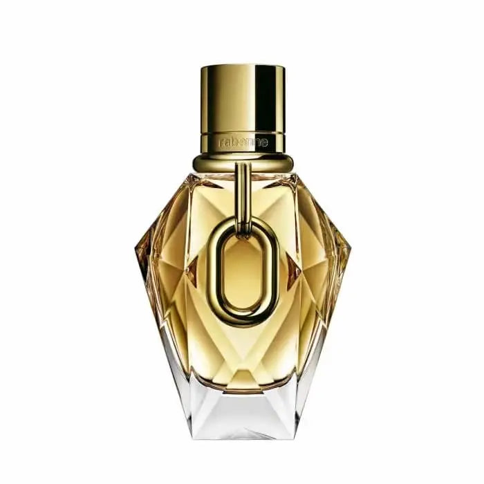 Rabanne Million Gold For Her Eau De Parfum spray 50ml refillable bottle, featuring elegant gold packaging and floral notes.