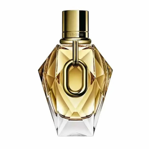 Rabanne Million Gold For Her Eau De Parfum spray 90ml refillable bottle, showcasing luxurious gold accents and elegant design.