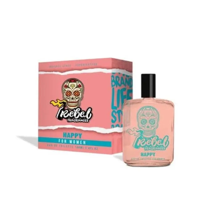 Rebel Happy Women Eau De Toilette 100ml bottle by Jag Couture London New York, with floral and citrus scent packaging.