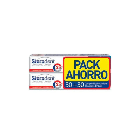 Reckitt Benckiser Steradent 3-in-1 Duplo pack with 30 tablets for cleaning and whitening dentures, displayed in a clear container.