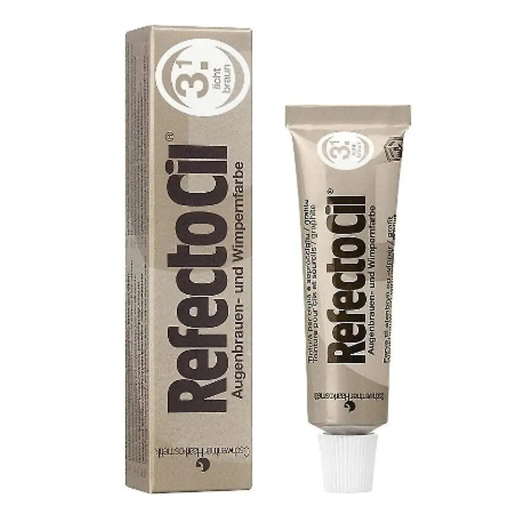 Refectocil eyelash and eyebrow tint in 3.1 Light Brown, 15ml bottle, displayed with packaging from Jag Couture London New York