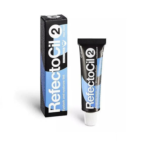 Refectocil eyebrow and eyelash tint in blue-black shade, 15ml bottle from Jag Couture London New York, with applicator brush.