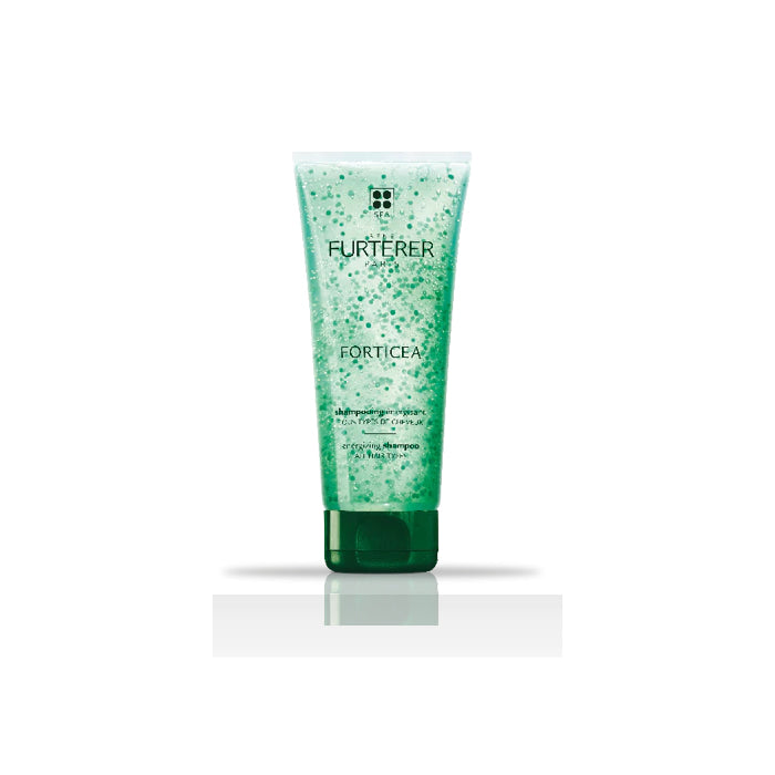 Rene Furterer Forticea energizing shampoo bottle, 200ml, with sleek packaging, designed for hair vitality and scalp health.
