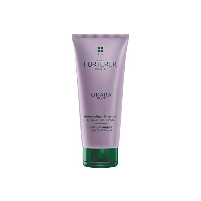 Rene Furterer Okara Silver Toning Shampoo in 200ml bottle, designed to neutralize yellow tones in blonde or gray hair.