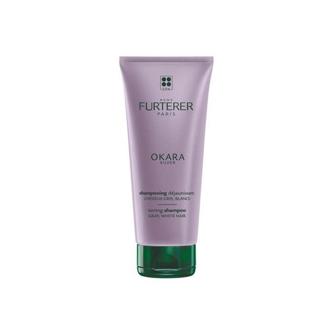 Rene Furterer Okara Silver Toning Shampoo in 200ml bottle, designed to neutralize yellow tones in blonde or gray hair.