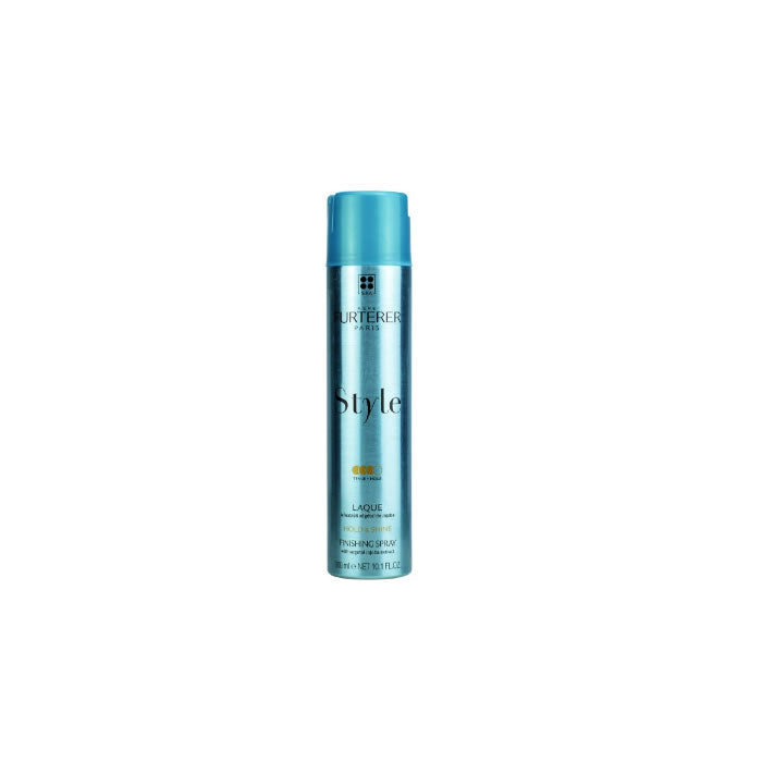 Rene Furterer Style Lacquer in 300ml bottle, hair spray by Jag Couture London New York, with a sleek black and silver design