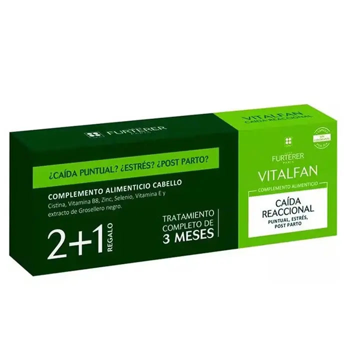 Rene Furterer Vitalfan Reactional Hair Loss capsules in a bottle, designed to support hair health and reduce hair loss.
