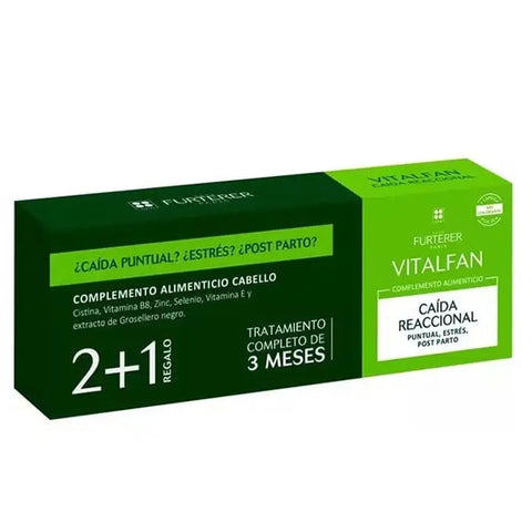 Jag Couture London New York Rene Furterer Vitalfan Reactional Hair Loss capsules, three bottles of 30 capsules each, displayed on a clean background.