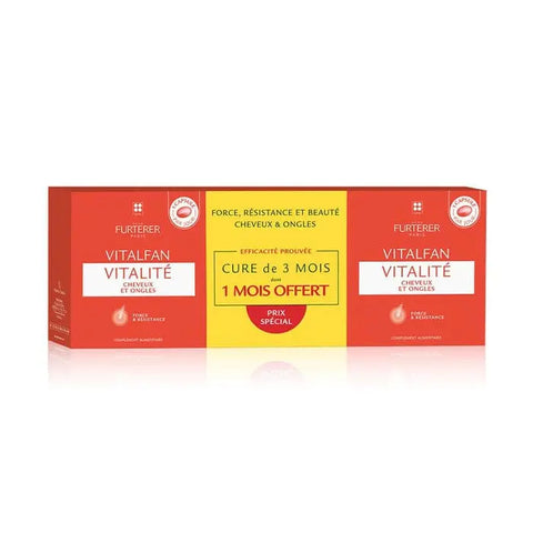 René Furterer Vitalfan Vitality Hair and Nails capsules, 3x30 soft gels, with supplement packaging and product label visible.