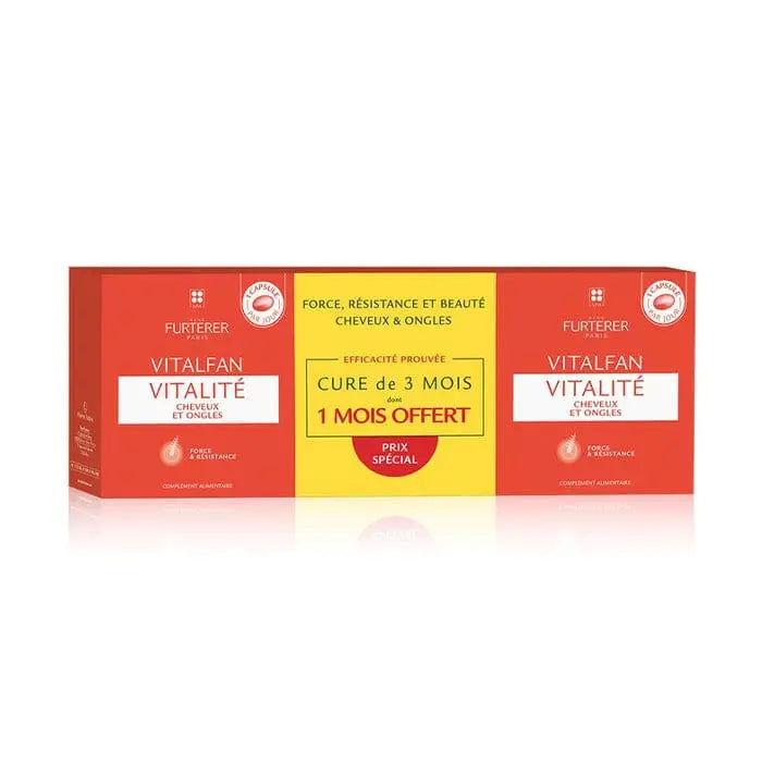 René Furterer Vitalfan Vitality Hair & Nails capsules, 3x30, showing the supplement bottles with labels on a white background.
