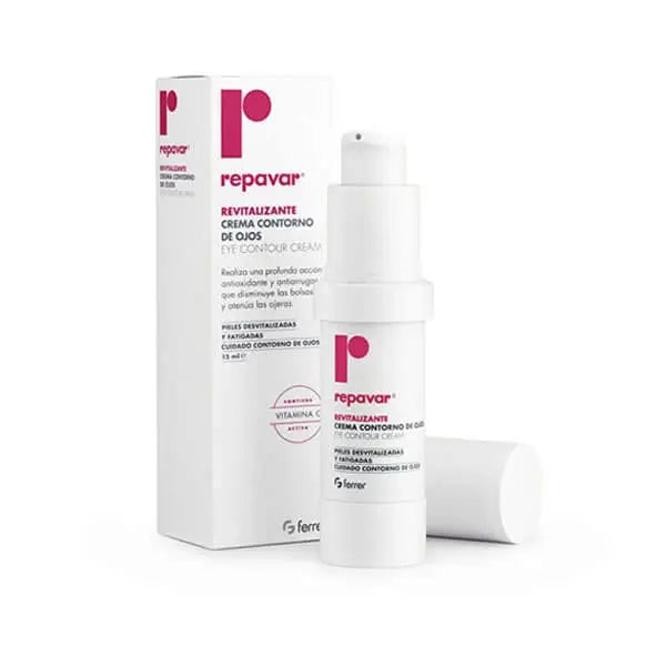 Repavar Revitalizante Active Eye Contour Cream in 15ml jar, with a sleek container and natural skincare branding.