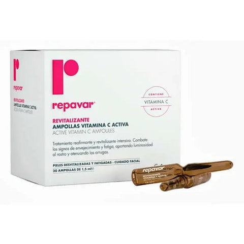 Repavar Revitalizante Active Vitamin C ampoules by Jag Couture London, showing a row of 20 small 1.5ml glass ampoules.