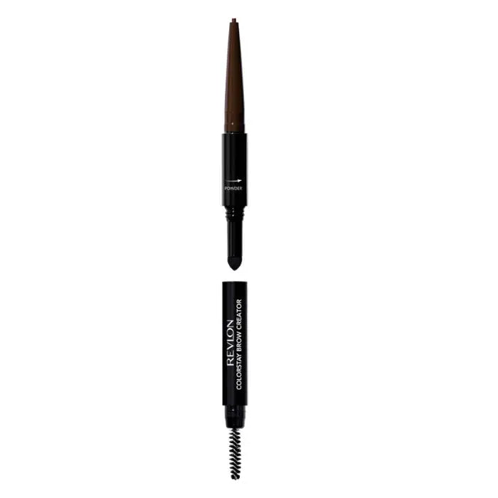 Revlon Colorstay Brow Creator in Dark Brown, with brow pencil and spoolie, displayed on a clean white background.
