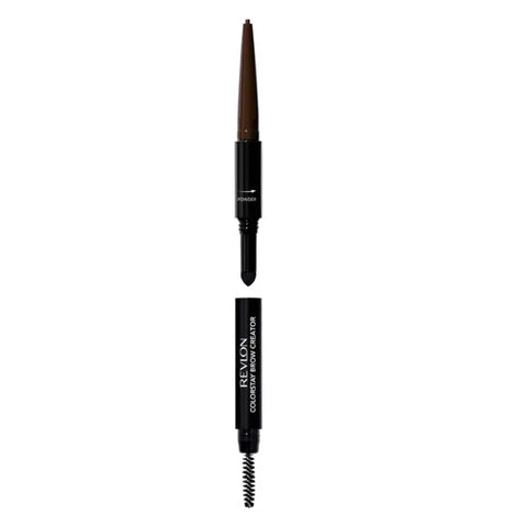 Revlon Colorstay Brow Creator in Dark Brown, with brow pencil and spoolie, displayed on a clean white background.