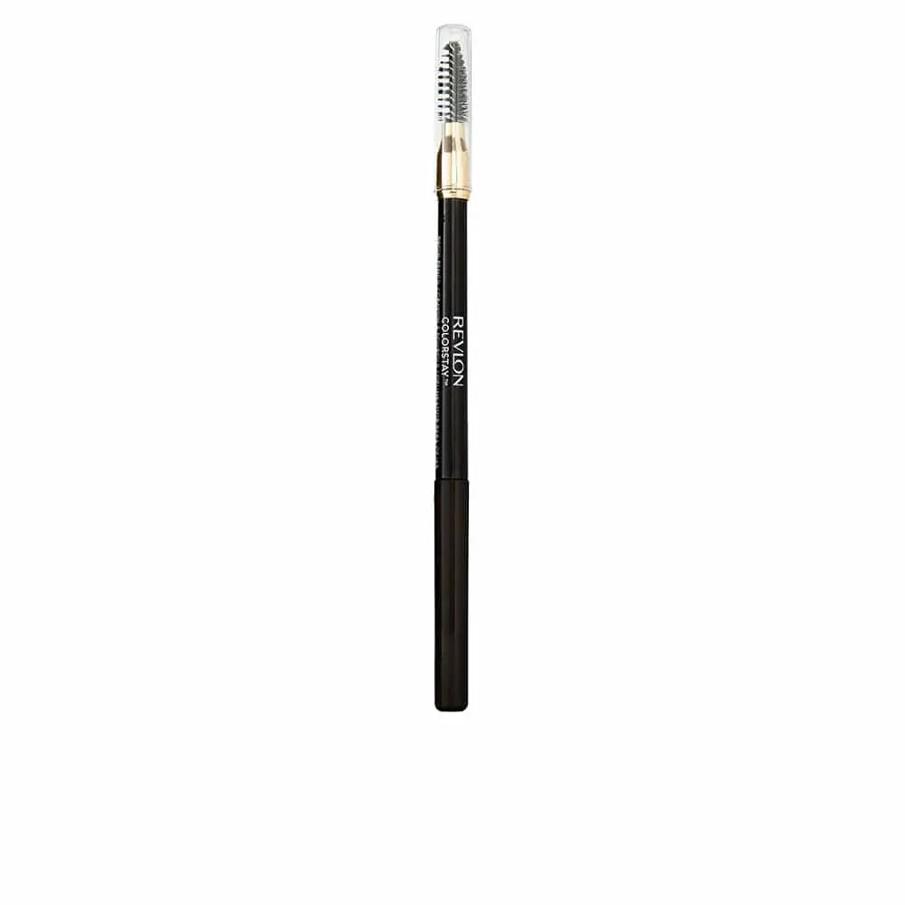 Revlon Colorstay Brow Pencil in 220 Dark Brown with a spoolie brush, held in hand showing product details and packaging.